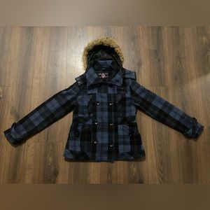 Junior’s YMI Blue Black Plaid Pea Coat L